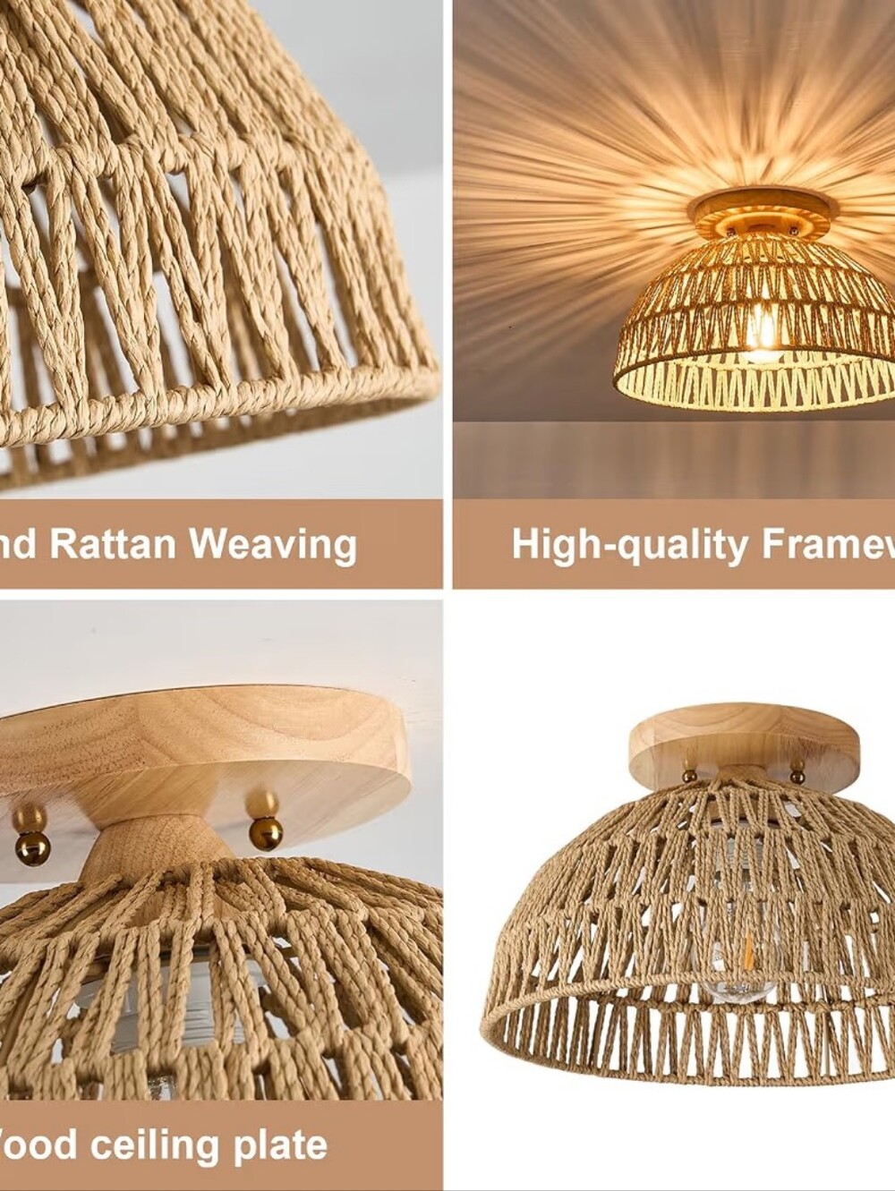 Woven Rattan Semi-Flush Ceiling Light - Picture 2 of 6